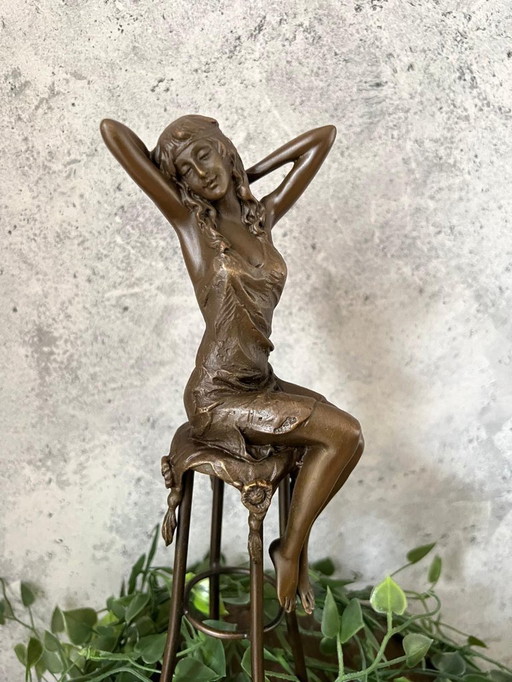 Bronze Statue Elegant Lady Sitting on Bar Stool