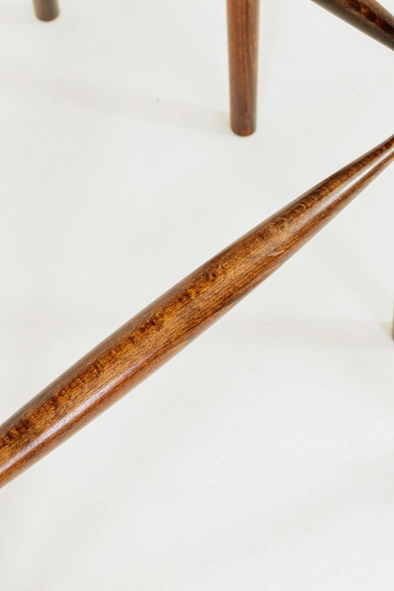 Image 1 of Mid century modern bar stools yellow tartan plaid wool rustic wood set of 3