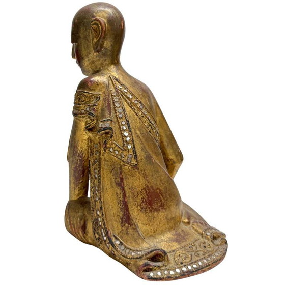 Antique Burmese Monk Statue – Hand-carved Teak Wood with Gold Leaf – 26 cm – Sculpture, Glass (photo 6 of 10)