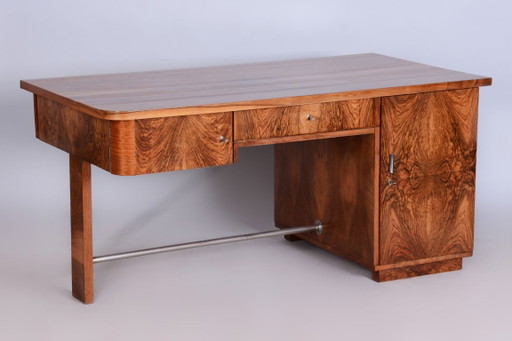 Restored Art Deco Writing Desk, By UP Závody, Walnut, Repolished, Czech, 1930s – bureau, Metal, Wood