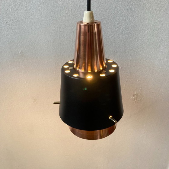 Image 1 of Danish vintage double pendant lamp with teak – in the style of Bent Karlby