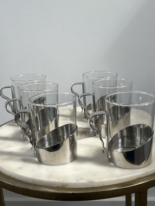 6 Vintage MCM/Space Age WMF Theeglazen Met Cromargan Houder – tafelaccessoires, Glass, Metal (photo 2 of 5)