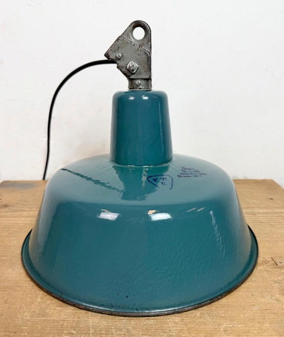 Image 1 of Industrial Petrol Enamel Factory Lamp with Cast Iron Top, 1960s
