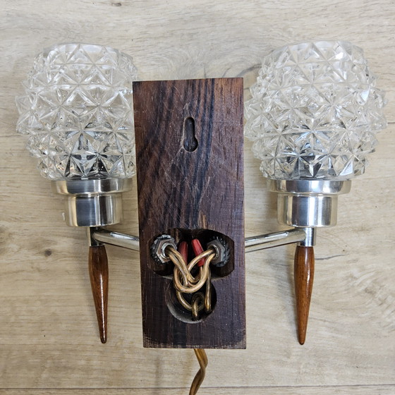 Image 1 of Vintage Danish teak double wall lamp crystal shade 60s wall mounted lights crystal