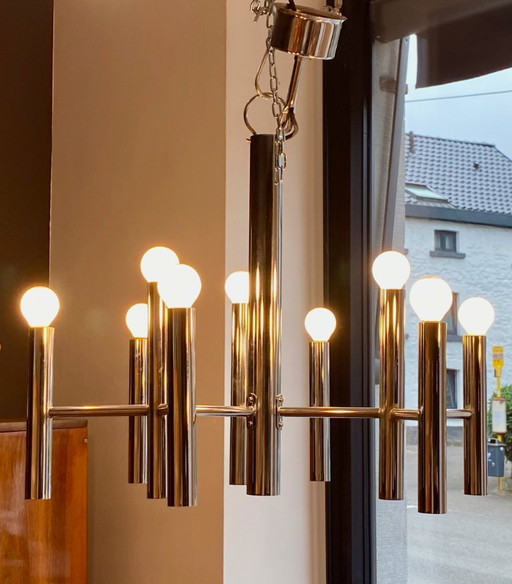 Lustre vintage chromé à 3 triple bras de lumière, attribué à Gaetano Sciolari – kroonluchters, Metal, Chrome (photo 2 of 7)