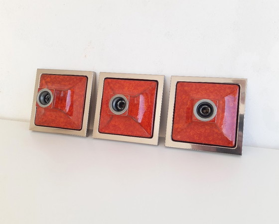 Image 1 of Set of 3 orange ceramic MCM wall lights, wall scones in chrome frame