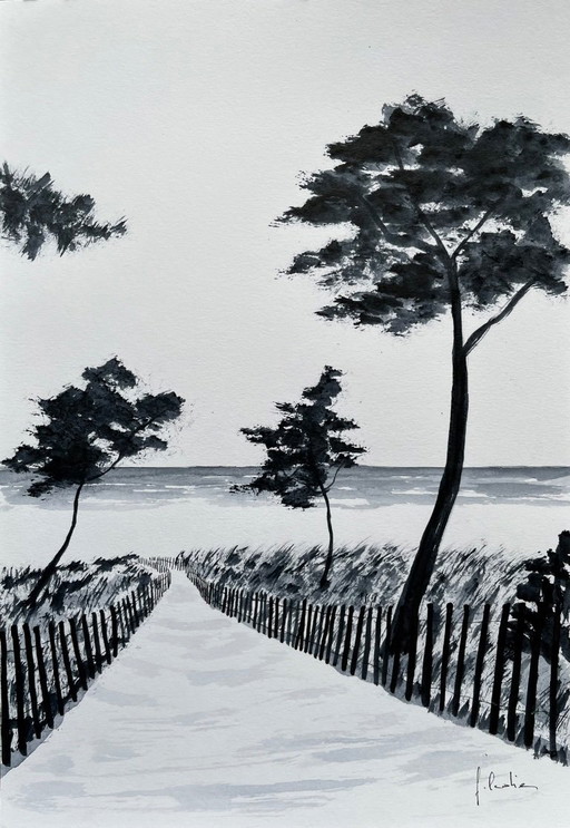 Ink on paper, framed. 30x21cm.