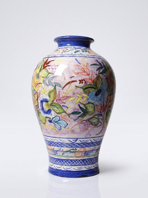 Vintage Portugese geglazuurde terracotta vaas met handgeschilderde bloemversiering. – vazen, Ceramic