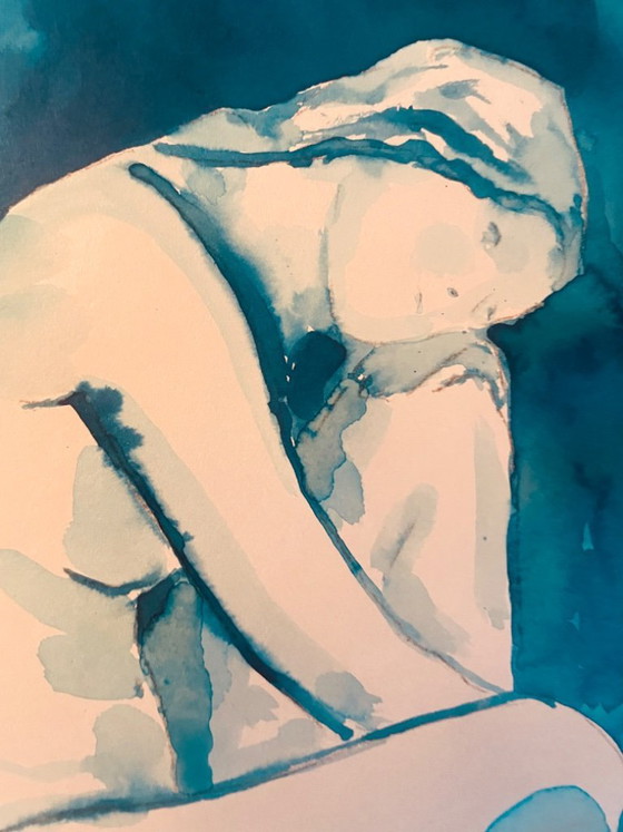 Image 1 of Set of 2 monochrome blue watercolor portraits of a woman, "blueTime"