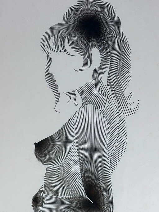 Dessin graphique encadré sous verre "silhouette" signé 1970'S