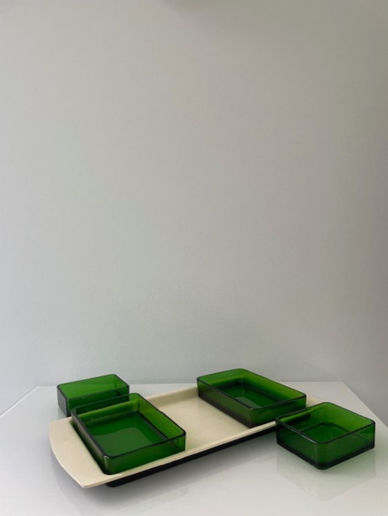 Image 1 of Vintage serving bowl with bright green glass trays - 1960s retro design