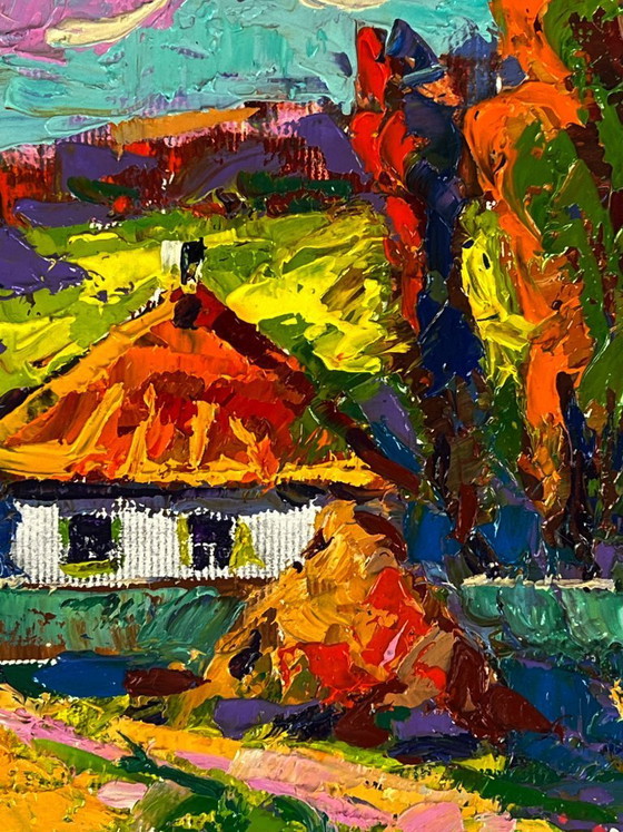 Image 1 of Dipinto ad olio originale Paesaggio rurale Casa Vita di campagna Un sentiero vicino al villaggio