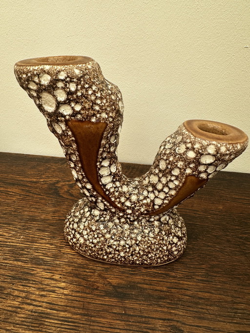 Vintage enamel and fat lava two-branch candle holder - attributed to Vallauris - Vintage