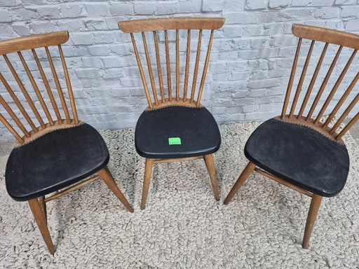 Vintage Design Set of Three Spindle-Back Kitchen Chairs – Teak Wood with Black Leatherette Upholstery, Scandinavia, 1960s