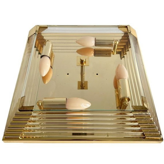 Image 1 of Lámpara de araña cuadrada de mediados de siglo, de cristal y latón, estilo Hollywood Regency, década de 1970