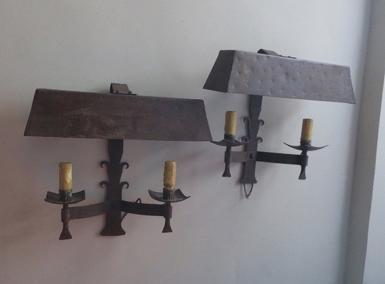 Image 1 of Pair of Mid-Century Brutalist Patinated Iron Wall Lights, 1950s-60s
