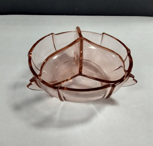 bomboniera vintage in vetro rosa a 3 scomparti