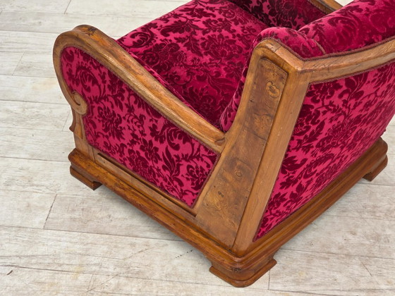 Image 1 of Anni '50, poltrona relax danese, velluto rosso per mobili, legno di quercia.