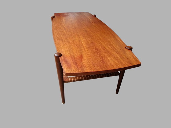 Image 1 of Tavolino da caffè Creafort in teak con piano reversibile e ripiano in rattan, anni '70