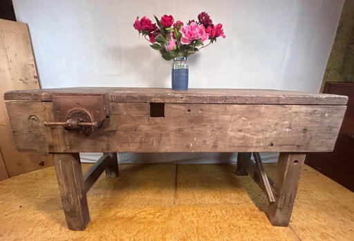 Vintage Industrial Workbench / Butcher’s Block Kitchen Island (Late 19th – Early 20th Century)  Authentic Industrial Charm 