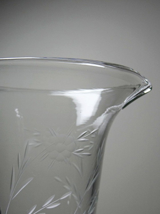Image 1 of Antique wheel-engraved glass pitcher with vegetal decoration, Bohemia, early 20th century