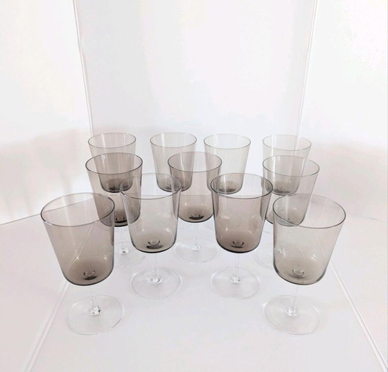 Image 1 of 11x Vintage MCM Crystal Liquor, Schnalls Glasses Smoked Color
