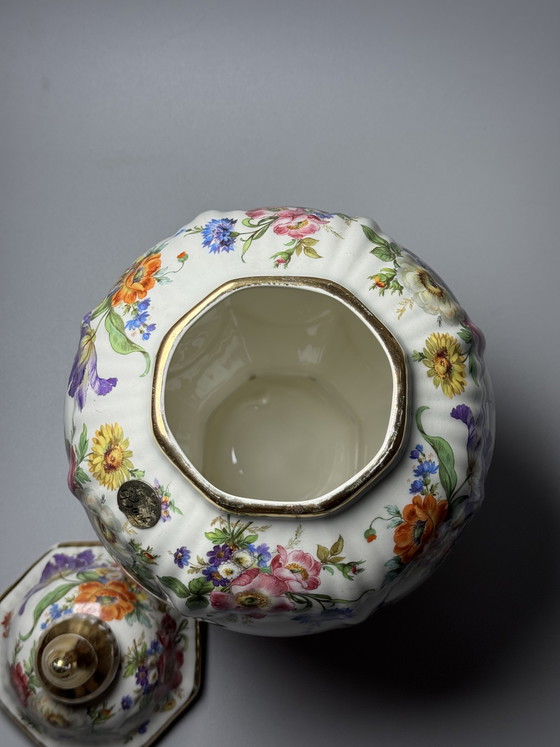 Image 1 of Pot à couvercle Boch Frères La Louvière Keralux – Motif floral « Bouquet de Saxe » – Art déco belge, années 1930/1940