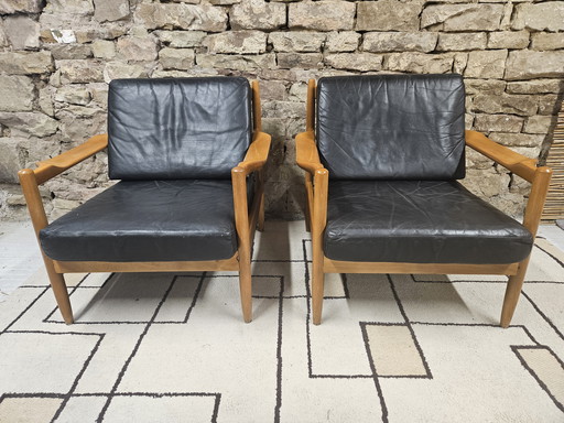 Pair of Scandinavian black leather armchairs 1970