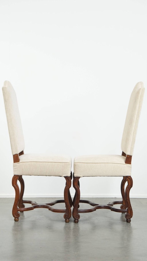 2x Antique dining chair with wooden frame and beige upholstery