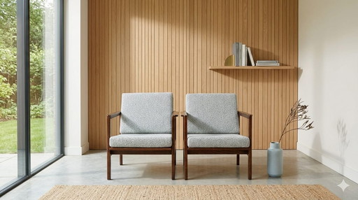 Zwei Sesselpaar Mid Century Modern Kissen Bouclè Polsterung