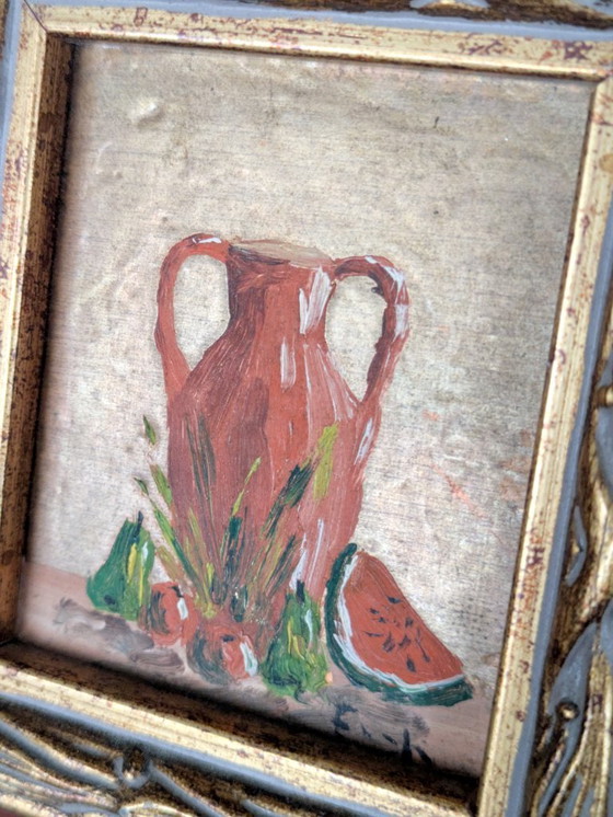 Image 1 of Vintage Still Life Oil Painting, Pottery Jar and Fruit, Florentine Frame