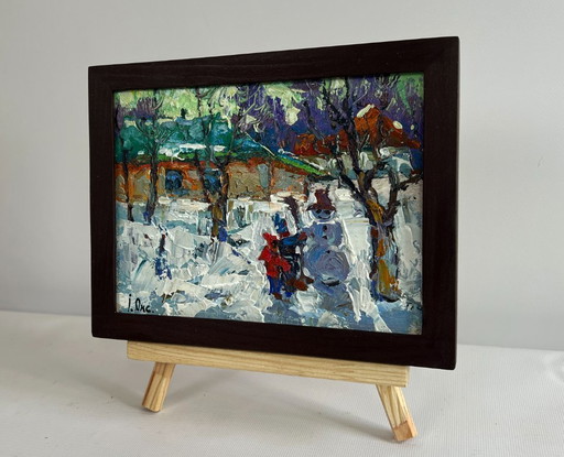 Original Oil Painting Winter Landscape Children are making a snowman