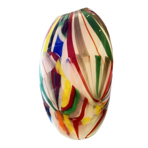 Abstract Vase in Milky-White Murano-Inspired Glass with Multicolored Reeds