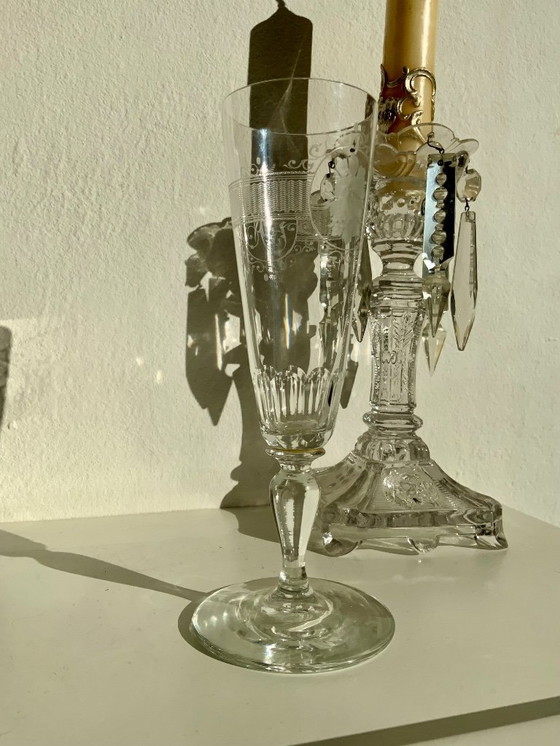 Image 1 of Bicchiere da vino/champagne in cristallo antico inciso a mano - Monogrammato - Circa 1900