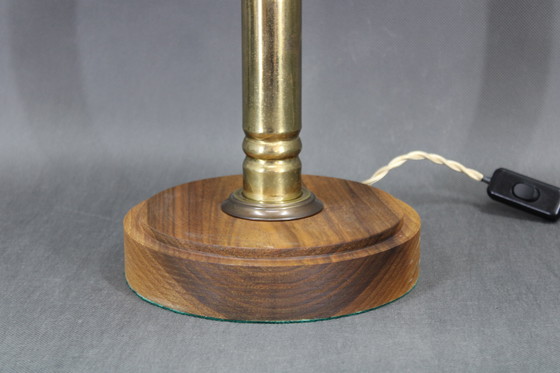 Image 1 of 1940s Restored Brass Table Lamp with Wooden Base and Glass Shade