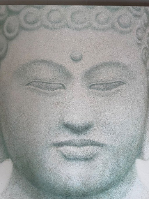Tableau de Bouddha « White Haven » de 5 Friends, 100x100 cm, peint à la main et signé