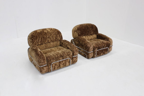 Image 1 of Set of vintage Italian armchairs in chrome and velvet from the 1970s