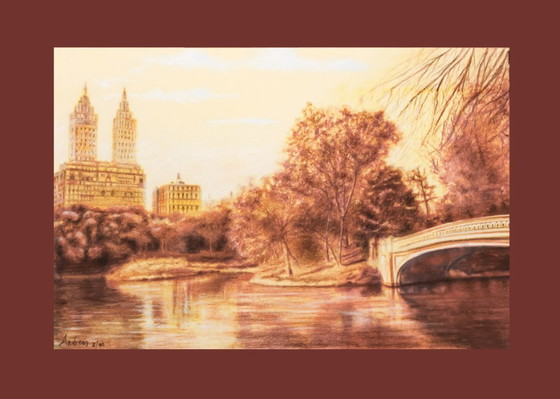 Image 1 of Drawing of Central Park. Central Park picture signed by the artist. Hand-drawn sepia drawing of Central Park. New.