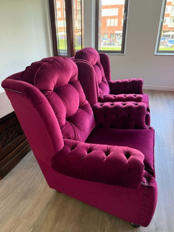 2x Englischer Springvale Chesterfield Suzanne Ohrensessel In Top Zustand! – Velvet (photo 3 of 6)