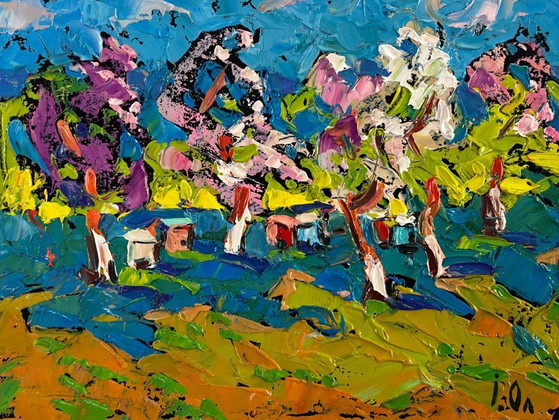 Image 1 of Original Oil Painting Flower Trees Landscape Spring is on the doorstep