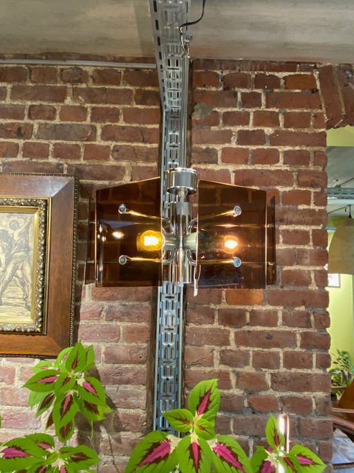 Vintage-Kronleuchter im italienischen Modernismus aus bernsteinfarbenem Rauchglas und Metall – kroonluchters (photo 2 of 14)