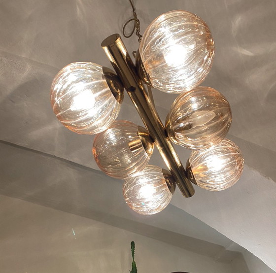 Image 1 of Lampada a sospensione vintage anni '70 in vetro oro/marrone