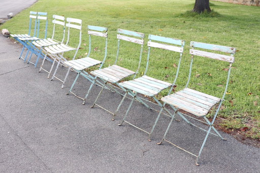 Set of 8 French Bistro Garden Folding Chairs in Iron and Wood Slats