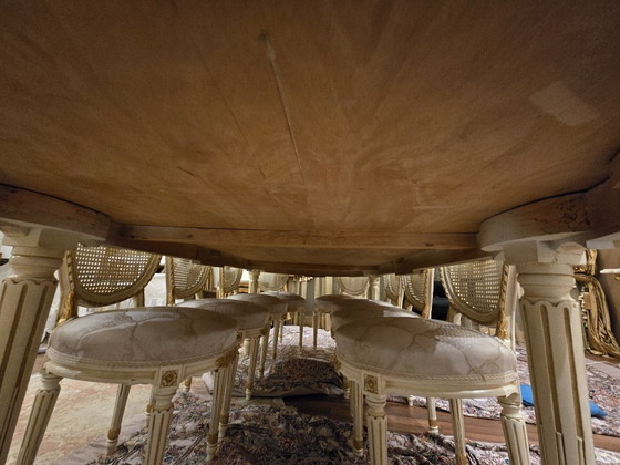 Image 1 of Grand Louis XVI Style Dining Suite: Large Oval Table & 10 Medallion Chairs (Solid Walnut)