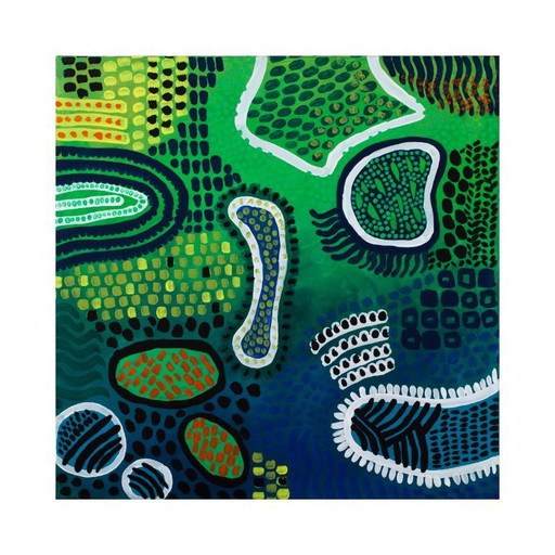 Modern abstract green, yellow, purple and orange mixed media painting