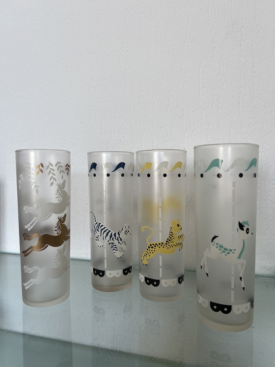 Image 1 of Set van 4 vintage Libbey Frosted Carrousel / Cavalcade Collins glazen - Mid Century Modern, jaren 1950 VS