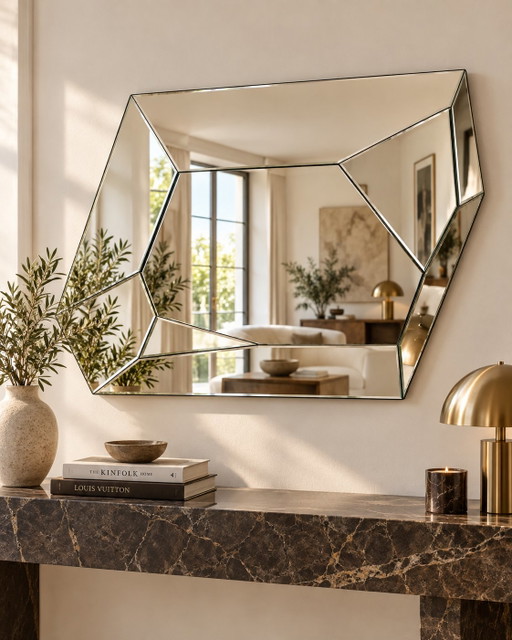 Großer asymmetrischer Wandspiegel mit zeitgenössischem italienischem Facettendesign – Glass