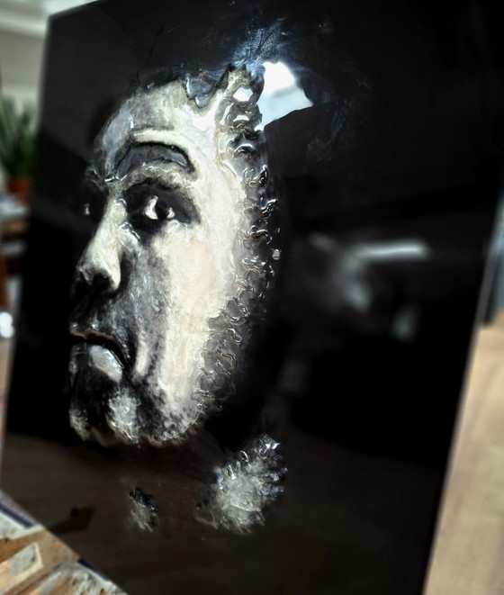 Image 1 of UNIQUE black and white Muhammad Ali portrait in 3D glass, 90x80cm