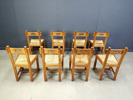 Image 1 of Vintage eiken en rieten brutalistische stoelen, jaren 60 - set van 8