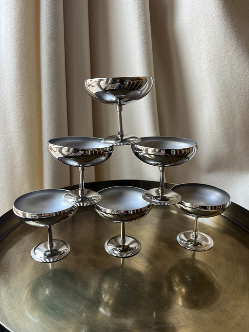 Létang & Rémy Vintage-Eisbecher – 6er-Set – Edelstahl – Frankreich 1970er Jahre